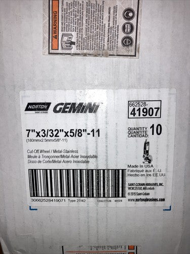 QTY: 10 NORTON Gemini GRINDER Wheel Cut-Off Wheels T27 7 x 3/32 x 5/8-11 Grit24