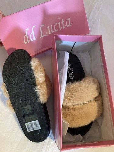 Slippers dd Lucita Size 10 Camel Faux Fur Bling Flip-Flops Women Slides