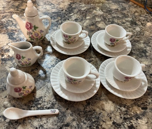 VTG Miniature Tea Set Porcelain Floral Design Cups Plates Cream Sugar Pot Spoon