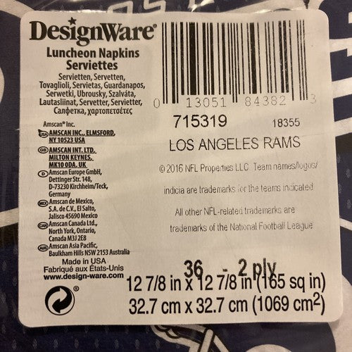 1 Pack  LA Rams Party Napkins NFL Los Angeles  6 1/2â X 6 1/2â Fiesta Game