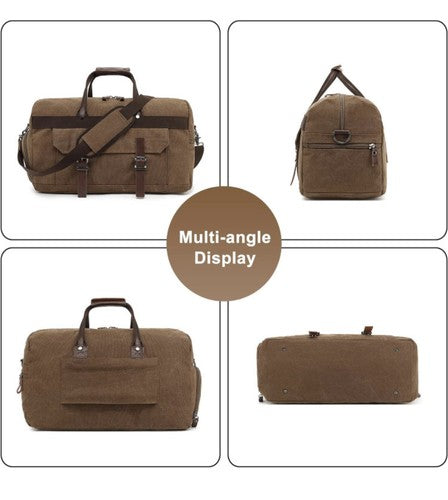 Menâs Travel Duffel Bag Waterproof Canvas Genuine Leather Weekend Bag Large Grey