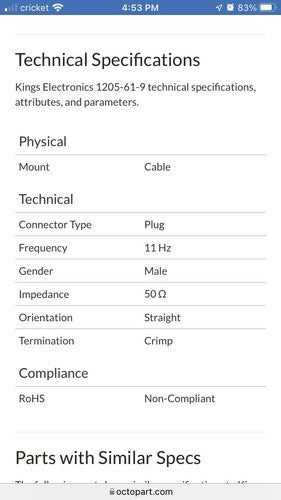 1 KINGS WINCHESTER ELECTRONICS 1205-61-9  N Type Straight Crimp Male 11 Hz