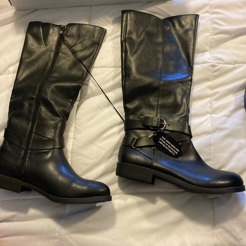 Style & Co Madixe Women's 7.5 M Black Leather Wide Calf Elastic Riding Boots 1/2