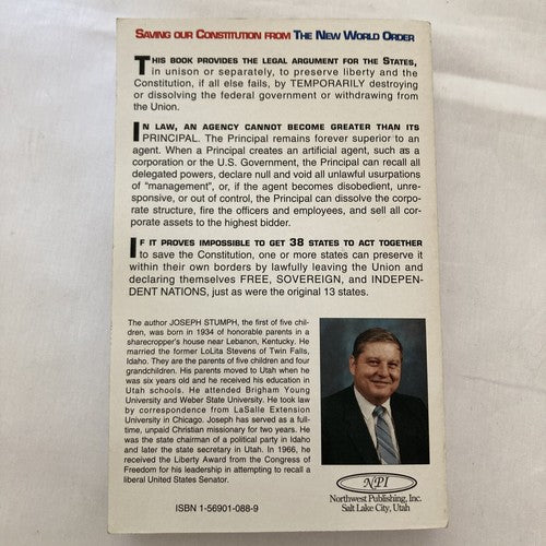SIGNED BOOK: Saving Our Constitution From the New World Order Joseph Stumph 1993