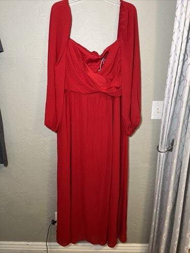SHEIN Curve Plus Women's 3X 3XL Faux Wrap Lantern Sleeve Dress Red Long Flowy