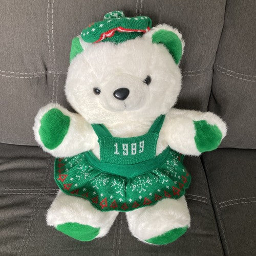 Vintage Kmart Holiday Christmas Plush White Teddy Bear 1989 16" Green Dress &Hat