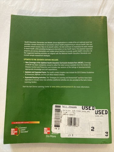 BOOK Health Education: Elementary and Middle School Applications College 7th Ed