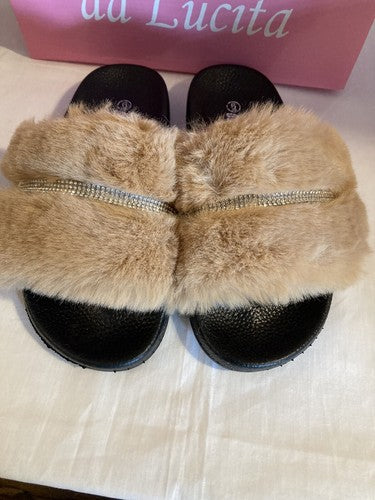 Slippers dd Lucita Size 10 Camel Faux Fur Bling Flip-Flops Women Slides