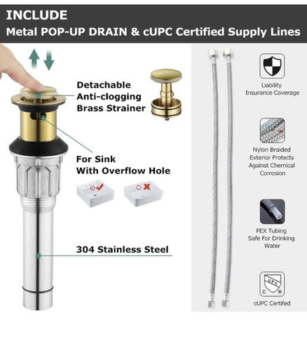 PARLOS 2 Handles Bathroom Faucet Brushed Gold Doris 1407208 Pop Up Drain & Lines