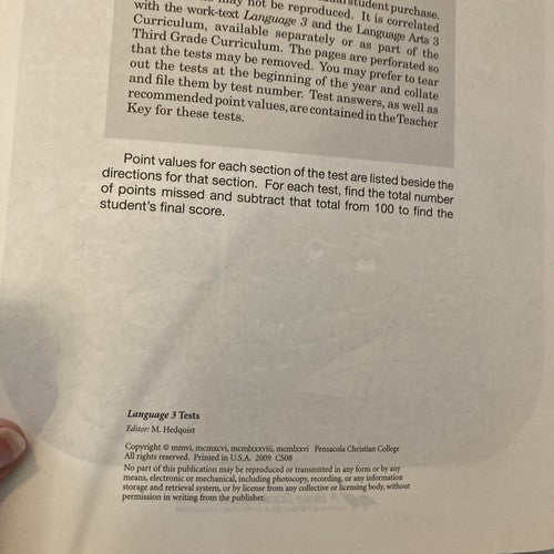 BOOK: ABEKA 3 Test Key LANGUAGE 3 TESTS Third Grade A Beka Teacher