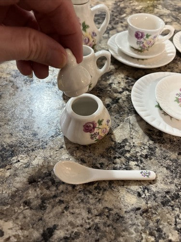 VTG Miniature Tea Set Porcelain Floral Design Cups Plates Cream Sugar Pot Spoon