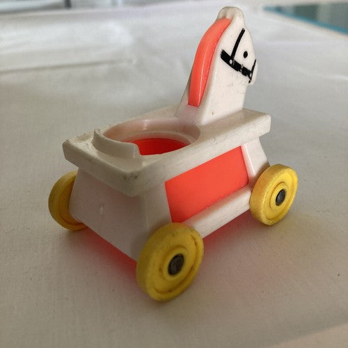 VTG Fisher Price Little People orange red boy + Nursery Rocking Horse on Wheels