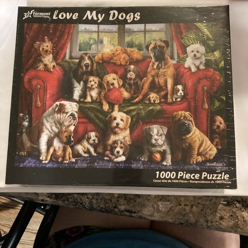 NEW Vermont Christmas Co. Love My Dogs 1000 Piece Jigsaw Puzzle Dog Puppy Cute