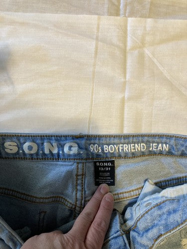 SONG Womenâs Flare Jeans Light Wash Casual 90's Boyfriend Denim Pants 13/31