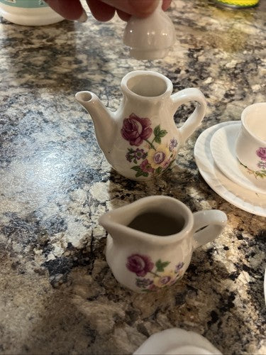 VTG Miniature Tea Set Porcelain Floral Design Cups Plates Cream Sugar Pot Spoon