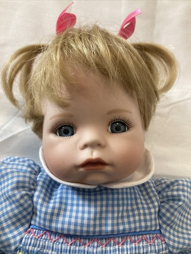 Ashton Drake 14â Porcelain doll 1992 glass eyes Vintage Blue Outfit Blonde Baby