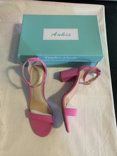 Ankis Pink Heels Size 6.5 Women Open Toe Ankle Strap Chunky 2.75" Heel Sandals