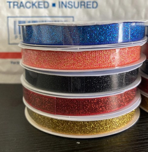 QTY: 5 Ribbon 3/8â 3 Yard Sparkle Glitter blue Gold Black  Craft Bow Variety