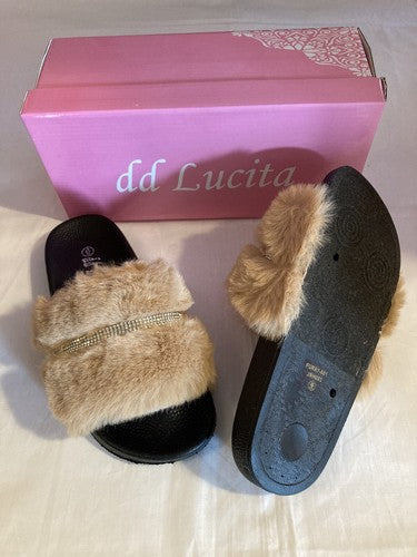 Slippers dd Lucita Size 10 Camel Faux Fur Bling Flip-Flops Women Slides