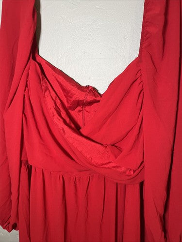 SHEIN Curve Plus Women's 3X 3XL Faux Wrap Lantern Sleeve Dress Red Long Flowy