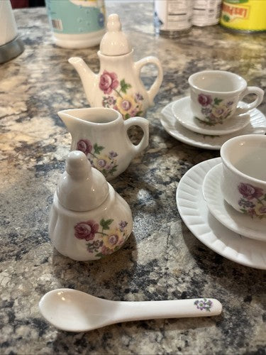 VTG Miniature Tea Set Porcelain Floral Design Cups Plates Cream Sugar Pot Spoon