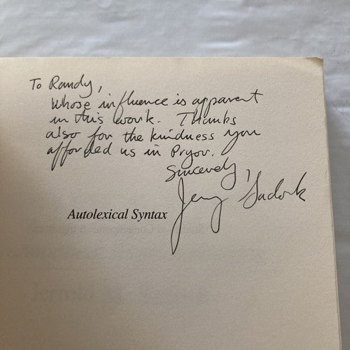 AUTOGRAPHED BOOK: Autolexical Syntax Theory Parallel Grammatical Representations