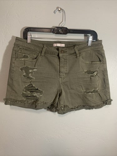Sol Shorts Womens Size 13 Green Favorite Midi Low Rise Cuffed Denim Distressed