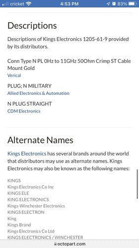 1 KINGS WINCHESTER ELECTRONICS 1205-61-9  N Type Straight Crimp Male 11 Hz