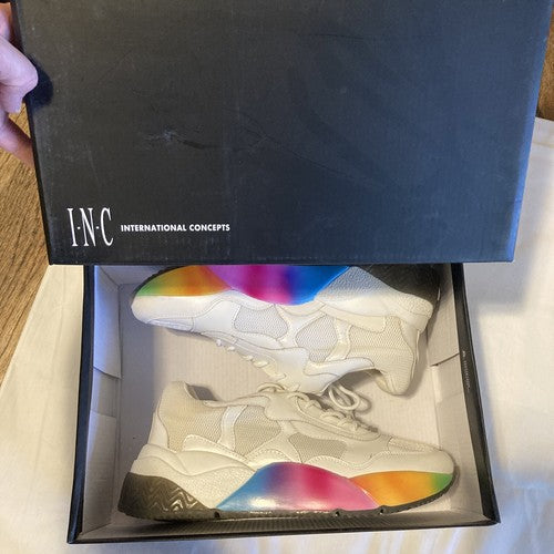INC Womens White Colorblocked Bubblez Shoes Rainbow Wedge Athletic Sneakers 8 M