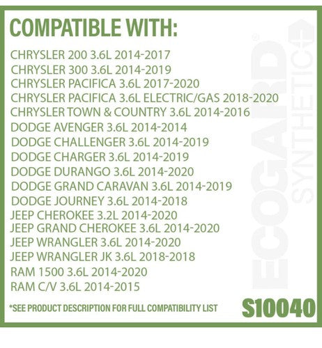 ECOGARD S10040 Premium Cartridge Engine Oil Filter for Synthetic Oil Fits Jeep