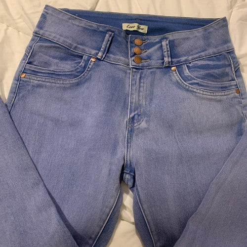Womens Size 13/14 Light Blue acid LOVE YOU Jeans 3 button high waist CUTE pocket