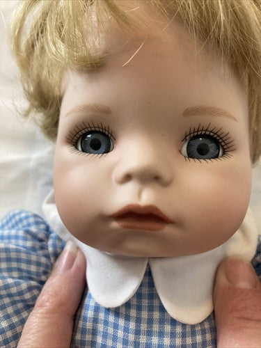 Ashton Drake 14â Porcelain doll 1992 glass eyes Vintage Blue Outfit Blonde Baby