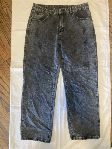 Shein XL Men Women Teen Distressed High Rise Baggy Style Jeans Black Acid Look