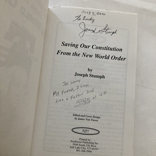 SIGNED BOOK: Saving Our Constitution From the New World Order Joseph Stumph 1993