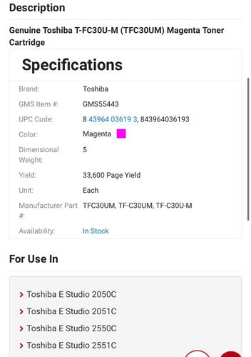 Toshiba Original & Genuine Toner T-FC30U-Y Yellow TFC30UY Cartridge E-studio C