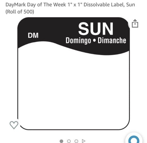 NEW DayMark Day of The Week 1" x 1" Dissolvable Label SUNDAY Roll of 500 Sticker