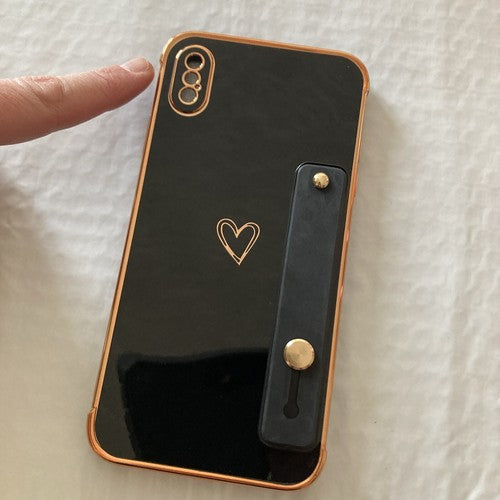 NEW Bling Plating Heart Love TPU Case w/Wristband For iPhone XS Max Black Gold