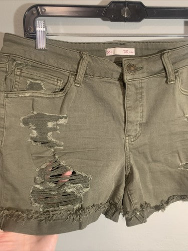 Sol Shorts Womens Size 13 Green Favorite Midi Low Rise Cuffed Denim Distressed