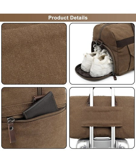 Menâs Travel Duffel Bag Waterproof Canvas Genuine Leather Weekend Bag Large Grey
