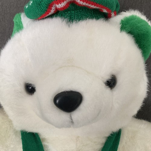 Vintage Kmart Holiday Christmas Plush White Teddy Bear 1989 16" Green Dress &Hat