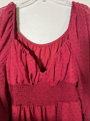 SHEIN Curve Plus Women's 3X 3XL Long Sleeve Dress Maroon Mini Flowy Dots Low Cut