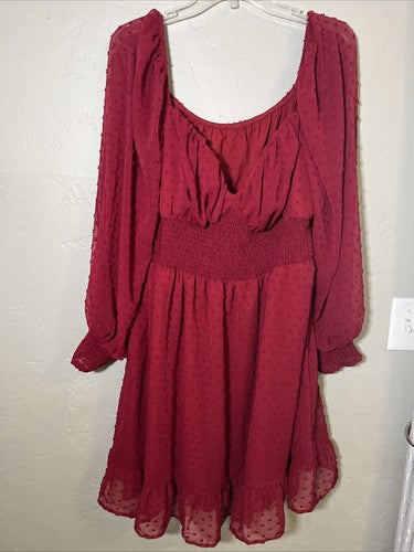 SHEIN Curve Plus Women's 3X 3XL Long Sleeve Dress Maroon Mini Flowy Dots Low Cut