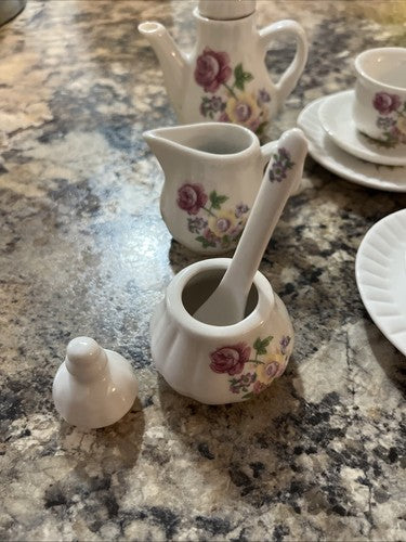 VTG Miniature Tea Set Porcelain Floral Design Cups Plates Cream Sugar Pot Spoon