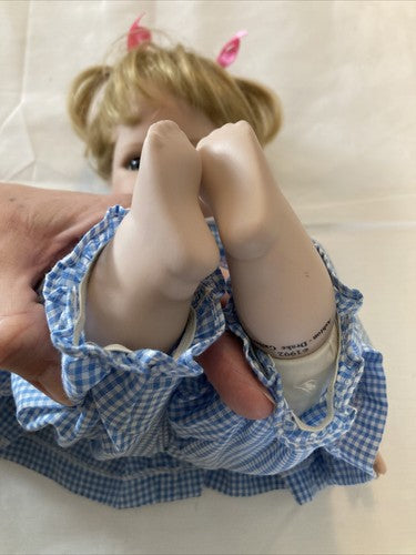 Ashton Drake 14â Porcelain doll 1992 glass eyes Vintage Blue Outfit Blonde Baby