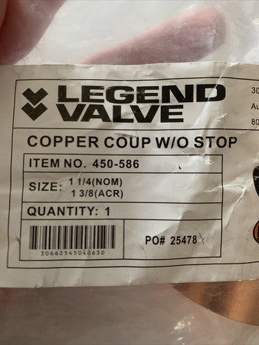 LEGEND VALVE 1-1/4â (NOM) 1-3/8â( ACR) Slip Coupling Copper without Stop #25478