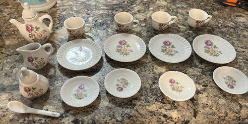 VTG Miniature Tea Set Porcelain Floral Design Cups Plates Cream Sugar Pot Spoon