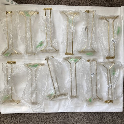 QTY: 12  10â Wire Glass Hanger Holder Hanging Rack Shelf Brass Plated NEW