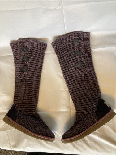 UGG Knit Boots Sz US 7 Purple Classic Cardy Sweater Plum 3 Button Tall Soft Boot