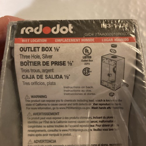 Red Dot Thomas & Betts Outlet Box Three Hole Silver 1/2" IH3-1LM
