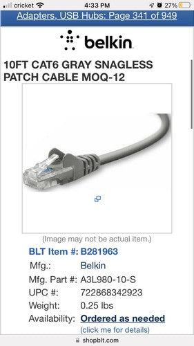 NEW Belkin 900 Series Cat. 6 UTP Patch Cable 10ft Grey A3L980-10-S
